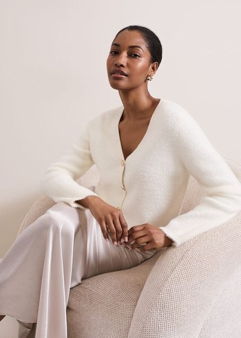 Phase Eight Mindy Fluffy V Neck Knitwear White Canada | IXCQGW-728